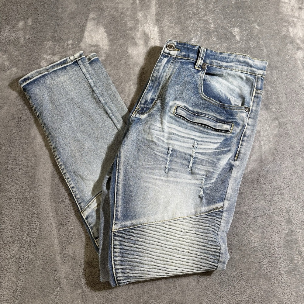 M. Society Mens Blue Streetwear Light Wash Zippers Slim Straight Jeans 36X32